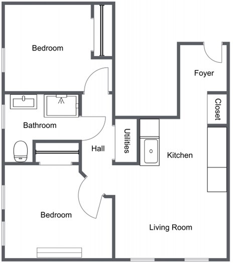 Floor plan for 2 beds, 1 bath, 770 sqft
